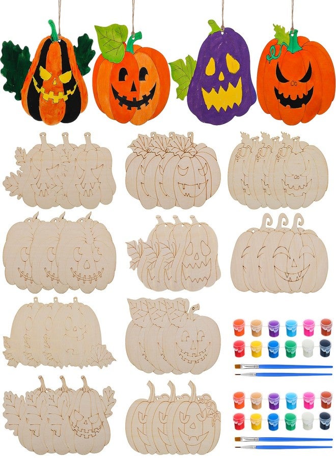 DoubleFill مجموعة دبل فيل لصنع زينة اليقطين للهالوين، 30 قطعة، زينة خشبية غير مكتملة على شكل يقطين مع فرش طلاء، 10 شرائح خشبية بتصاميم هالوين مميزة، مثالية للأنشطة الفنية والحرف اليدوية ولوازم الحفلات. - Image 1